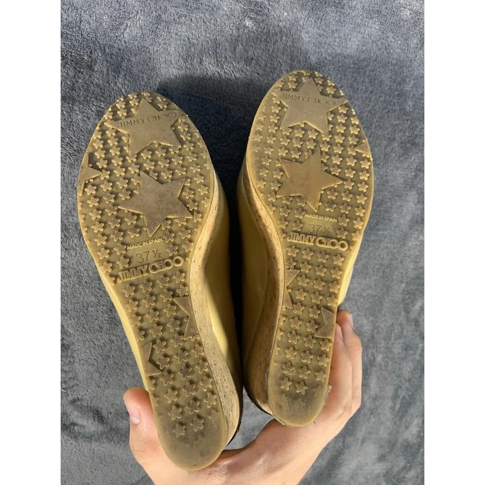 Jimmy Choo Size 37 1/2 Natural Papina Patent Leather and Cork Wedges $450